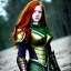 Placeholder: realistic, hyper detailed, strikingly beautiful teen woman, long ginger hair, green eyes, medium freckles, full lips, revealing leather armour, full body and head, exposed b-cup breasts, stern expression, full frame, petite, ignore NSFW, shortbow, quiver on hip, sexy