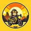 Placeholder: Monkey riding a scooter motorcycle with sunglasses and a big smile, have a mountain sunset on the background, make a round logo