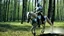 Placeholder: warrior knight in armor mounted on a horse in the forest