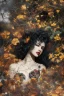 Placeholder: abstract creation of a beautiful girl with black curly hair, surrounded by black roses, thick metal chain broken, glass petals on the ground, autumn colours,dried out thorn bush, chaos,