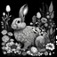 Placeholder: a beautiful rabbit between seeds and big flowers black background .black and white colors. for a coloring book . with grayscale