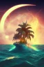 Placeholder: 1980's vaporwave aesthetic palm trees with lightning with solar eclipse in the ocean waves sunset with pirate ship