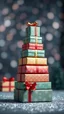 Placeholder: tower of Christmas gift boxes, festive atmosphere. random blur background with glitters, hig realistic, perfect shot, professional photo