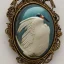 Placeholder: cameo brooch with a kingfisher, decorative design, classical ornament, bilateral symmetry, highly detailed etching, marble carving