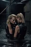 Placeholder: Margot Robbie and Georgia Henshaw tied up back-to-back in black leather, trapped in a flooding chamber as water comes up to their necks.