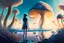 Placeholder: woman standing on the shores of an alien world, with mushrooms with jellyfish tentacles, floating in the air, photorealistic, Detailed Matte Painting, Deep Colour, Fantastical, Intricate Detail, sunshine