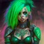 Placeholder: Cute egirl tattooed mugshot, cyberpunk green hair, 80s comic book style, knight armor, wasteland.