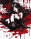 Placeholder: Petit girl goth, lying pose, fullbody, behind blood guts rising from the ground, illustration by <Yoji Shinkawa>, behind paint splashes darkred tones,