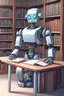 Placeholder: The library is serviced by computers, and there are many books on the shelves. The robot sits at the table and searches for books in the catalog in the computer Expression. High-quality drawing, 8K