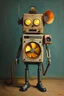 Placeholder: a mechanical man with fan in his chest , 2 light balls as eyes , 2 speakers as ears one refrigerate as head and 2 vacuums cleaners as legs , surreal, Van Gogh, Busch painting style