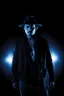 Placeholder: pitch-black background with a blue glowing overhead spotlight effect, Johnny Depp