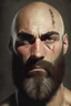 Placeholder: Portrait of a bald man, muscled, with quite-long brown beard, a black bandage covering his left eye