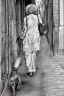 Placeholder: street, old lady with old poodle walking, model style, hyper realistic, accurate, delicate, extremely detailed, Graphic novel style, wide-angle, front view, open aperture, superfine pencil