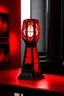 Placeholder: gaming table lamp inspired by avengers stark tower buliding architecture futuristic-modern stlye. geometric form, red and black color scheme