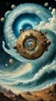 Placeholder: A TIME MACHINE in the universe RUNNING FROM IT TO THE HEAD wave and clods , Busch painting style,