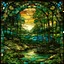 Placeholder: A beautiful Landscape scene with forest, river and bridge in finely detailed stained glass , backlit, the style of Józef Mehoffer.