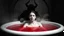 Placeholder: monochrome photo of a blur face pale woman sitting in bath tube around her red water, in bath, blur fog, background one black demonic shadow, dark gray old wall, darkness around, sad, surreal dark vibe, dark colors, in wall circle dark deep abyss,splash art, cinematic, depressive vibe
