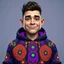 Placeholder: A 3D Caricature young adult male, very big headed, short body, likely of light skin tone, is the central figure in a vibrant, digital art style image. He is wearing a dark-colored hoodie decorated with intricate, psychedelic patterns featuring bright neon colors like fluorescent orange, vibrant purple, and bright green. The patterns are complex, resembling swirling geometric designs, fractal patterns, and glowing circular motifs. The hoodie has a graphic design inspired by organic forms like ten