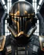 Placeholder: star wars bald male corellian pilot wearing dark gunmetal grey and black First Order special forces TIE pilot armored flightsuit and helmet with gold trim inside the jedi temple, centered head and shoulders portrait, hyperdetailed, dynamic lighting, hyperdetailed background, 8k resolution, volumetric lighting, light skin, fully symmetric details