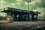 Placeholder: old gas station,rundown, roadside ,road texture, atmospheric ,night lighting,rainy, realistic, unity engine, cinematic lighting,green emession, octane render.