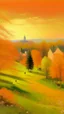 Placeholder: A light rosy orange colored town with orchards painted by George Inness