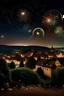 Placeholder: Fireworks display over a small town, shining moon, lots of stars in the sky