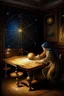 Placeholder: 59. astrologer draws a star map, antique interior, baroque, night, moon is shining, planets