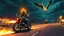 Placeholder: The kebab man driving fast on his holy motorcycle, fire from the exhaust, holy widescreen picture, holy empty road on the holy country at night, comic style, no helmet and he have a long holy black beard, neon kebab signs along the road, jesus stand at his market stand selling holy kebabs, simon stålenhag style, flying goose kebab