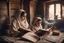 Placeholder: A close-up scene of an Arab mother reading the story from a book with her children around her in the room of the old wooden house near the fireplace 100 years ago.