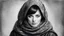 Placeholder: pencil art illustration of a lady in a red scarf, black and white, highly realistic style