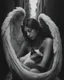 Placeholder: Prompt: An closeup portrait of a ultra-realistic black-and-white cinematic photograph with dramatic chiaroscuro lighting and a soft depth-of-field, inspired by fine art street photography. A guardian-like angelic woman with large, detailed wings crouches protectively in a narrow cobblestone alley, gently holding a sleeping Oriental Shorthair Siamese chocolate point cat in a clearly protective and caring posture, conveying safety, warmth, and compassion. The alley is enclosed by tall urban buildi