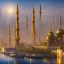 Placeholder: landscape, river, sun, mosque, buildings, city, skyscrapers, far view, colorful.