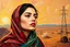 Placeholder: Woman Of Iran. Oil Painting, Sargent Technic. World War new modern Technology. High voltage power tower, Woman Revulsion Iran. Dry and harsh desert