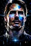 Placeholder: Tom Cruise facial portrait - pitch-black background with a blue glowing overhead spotlight effect, multicolored shards of ice, splashing water, prism effect, mosaic effect, time travel, space voyages, superheroes, moving really fast