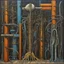 Placeholder: Come to grips, surrealism, by Max Ernst and H.R. Giger, groveling organic and mechanical elements, oil on canvas, colorful, quirky, creepy, minimalist, scaffolds holding a biomechanical hand in middle of construction