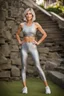 Placeholder: beautiful woman, standing, silver yoga leggins, short silver yoga top, medium length wavy bob haircut, 85 mm lens