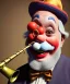 Placeholder: happy and funny old friendly clown with round head and trimmed beard playing jazz with a steampunk theme, trumpet on mouth, carnival, dreamy