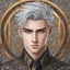 Placeholder: A stunningly detailed (((headshot portrait))), capturing the essence of a young man in his 20s with silver hair and piercing gray eyes, exuding a sense of confidence and protection, anime realism style, intricate mosaic backdrop