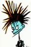 Placeholder: 2d drawing of a stickman, cool with punk hair, x eyes like hangman, back side view,smiling,close-up ,3d realistic in colour