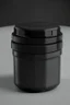 Placeholder: black container, plastic, realism, with screw lid, no labels, round container, kickforce view, dark studio setting