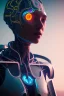 Placeholder: projection of an AI head hovering over an cyberpunk landscape in the distance, a small human walking towards the head, high quality, 4k resolution, high details