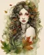 Placeholder: Rococo beautiful abstract aquarelle woman face portrait tatttoed white inked portion of her face girl with super long black wooden filigree hair, hair venetian style becoming autumn green and red leaves and botanical filigree, portion of her face is white ink portion of her face is autumn leaves tattooed watercolour digital painting, aquarelle detailed green murano glass likei eyeirisportion of her face is eyes, art by abstract fractal artgerm and greg rutkowski and alphonse mucha e