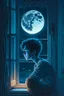 Placeholder: a depressed boy looking at the moon at night sitting on his window
