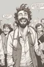 Placeholder: man with scruffy hair and stubble laughing at people panicking comic book style