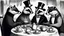 Placeholder: Anthropomorphic European badger wearing a tophat and having a tea party with his other anthropomorphic animal buddies. Etching.