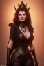 Placeholder: Geena Davis as evil queen in black leather, leather, busty, cleavage, angry, rage, stern look. character design by cory loftis, fenghua zhong, ryohei hase, ismail inceoglu and ruan jia. unreal engine 5, artistic lighting, highly detailed, photorealistic, fantasy