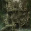 Placeholder: old one statue rock godess athena, abandoned between moutain, swamp, water, glass, fog, highly realistic, highly detailed, intricate, 8k