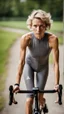 Placeholder: photography of a beautiful anorexic woman, grey satin triathlon top, sports illustrated, blond short wavy bob haircut, pronounced sternum, flat chest, anthracite cycling leggins