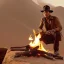 Placeholder: johnny depp as indiana jones smoking, around a fire, in the desert, photo shoot