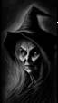 Placeholder: pencil drawing of old witch, Spooky, scary, halloween, black paper